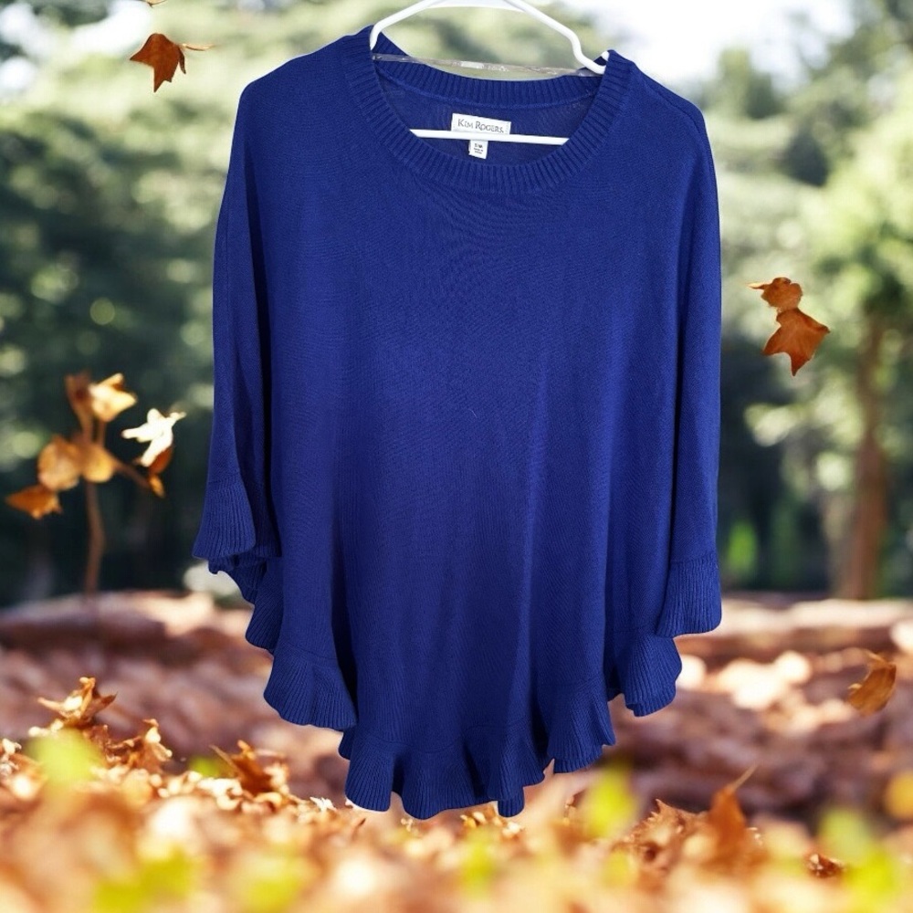 Kim Rogers Poncho Sweater Blue Size M New w/tags Ruffle Hem Soft Comfy Pull-over